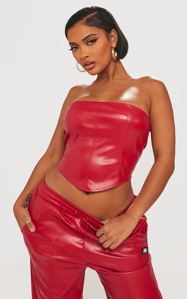 Shape Red Faux Leather Seam Bandeau Corset, Red