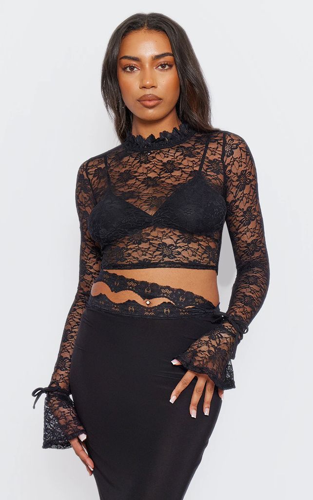 Tall Black Lace Flared Long Sleeve Crop Top, Black