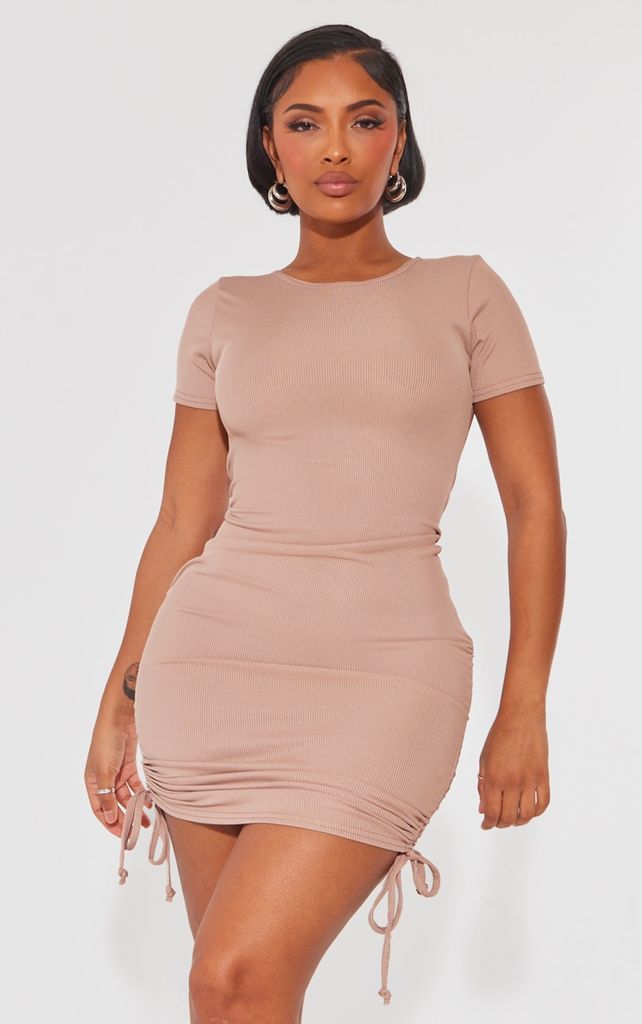 Shape Deep Taupe Rib Short Sleeve Ruched Side Bodycon Dress, Deep Taupe