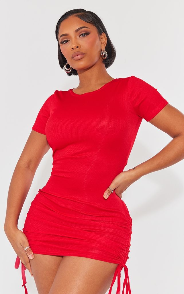 Shape Red Rib Short Sleeve Ruched Side Bodycon Dress, Red