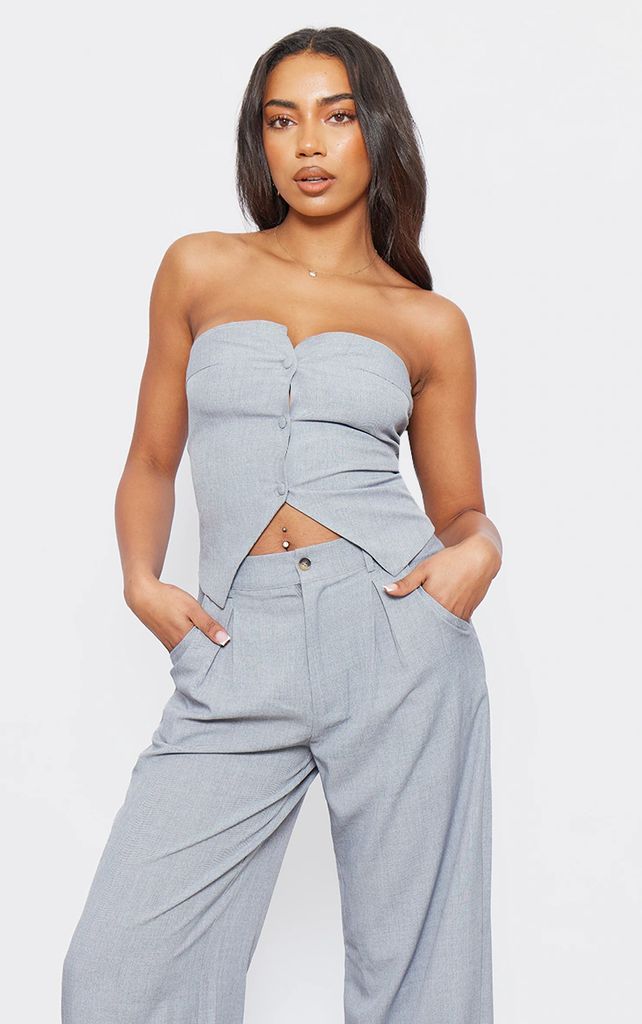Tall Grey Woven Bandeau Button Up Top, Grey