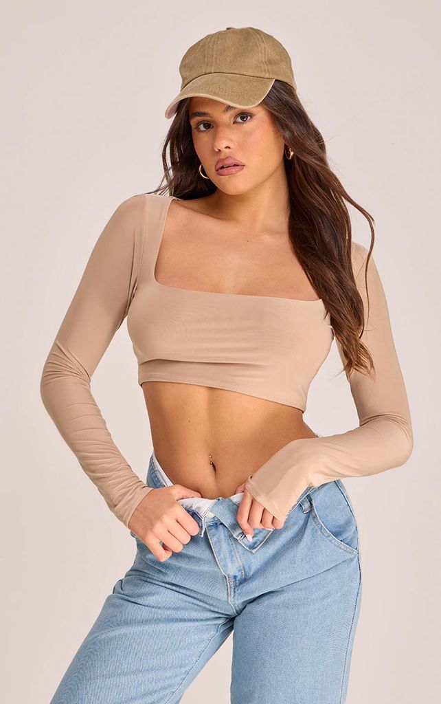 Taupe Basic Slinky Square Neck Crop Top, Brown