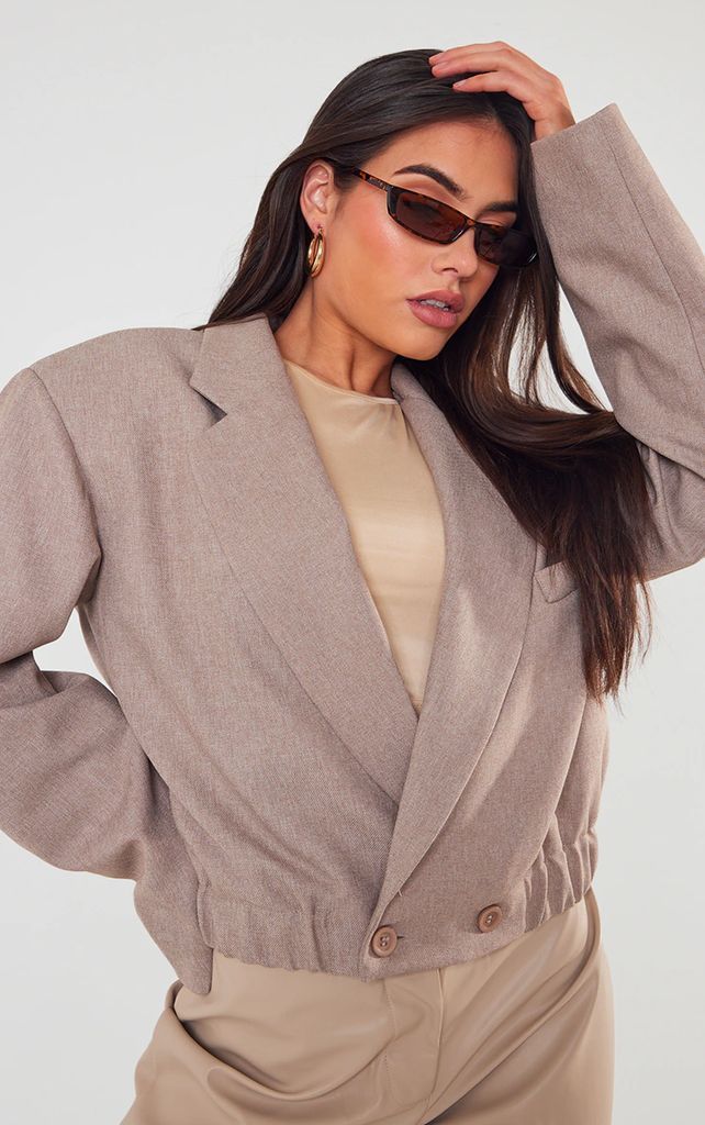 Taupe Woven Oversized Cropped Jacket, Brown