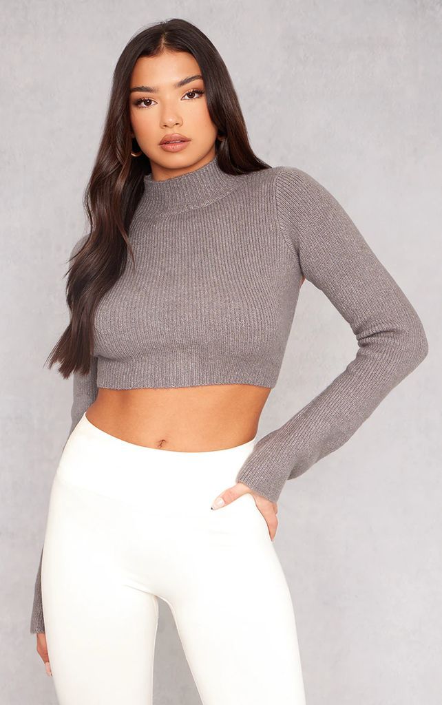 Charcoal Rib Knit Open Back Cropped Jumper, Grey