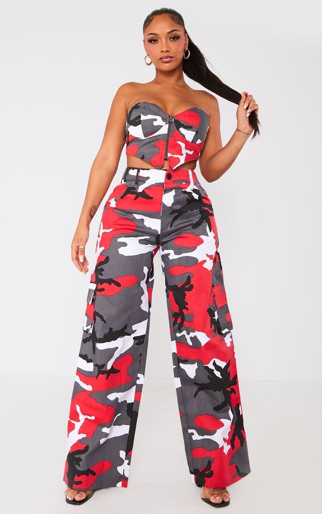 Shape Red Camo Pocket Detail Wide Leg Trousers, Red