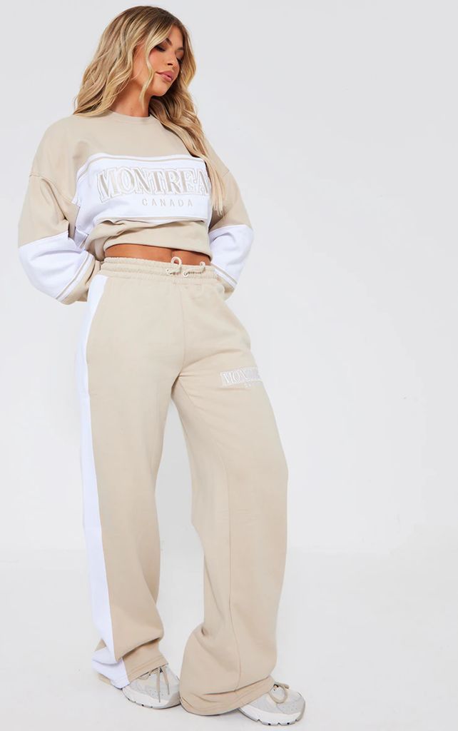 Beige Montreal Embroidered Panelled Wide Leg Joggers, Camel