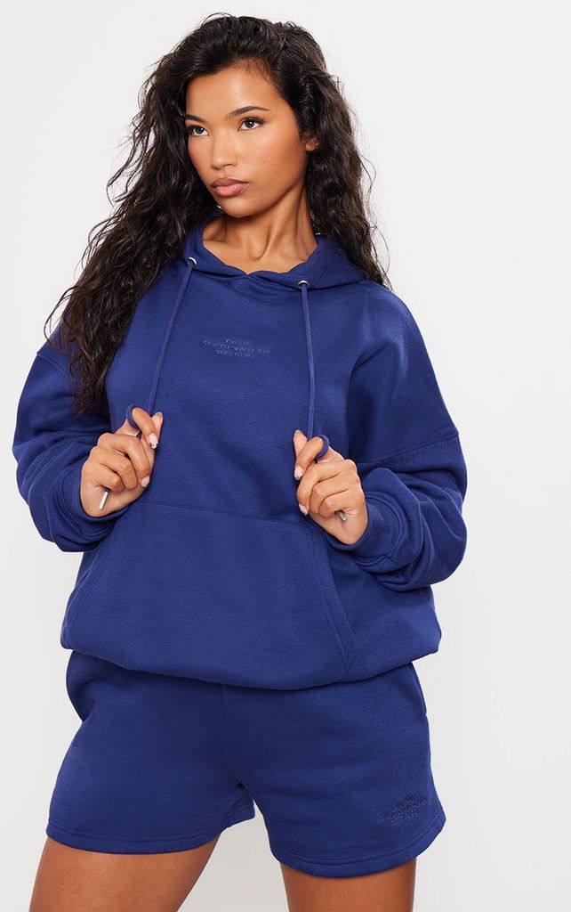 Navy Slogan Over Sized Hoodie, Blue