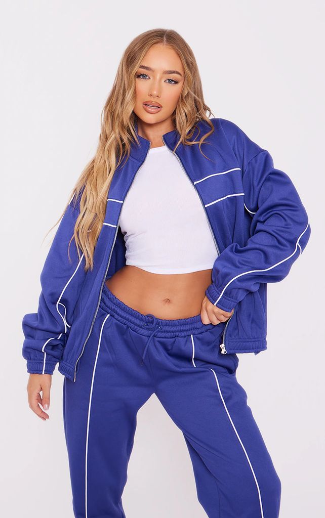Navy Tricot Oversized Contrast Piping Zip Through Track Jacket, Blue