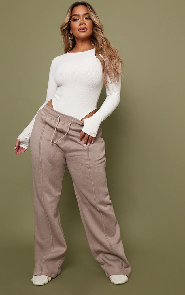Shape Taupe Binded High Waist Wide Leg Joggers, Brown