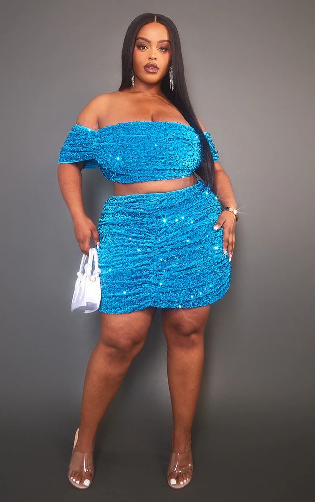 Plus Blue Velvet Sequin Ruched Mini Skirt, Blue
