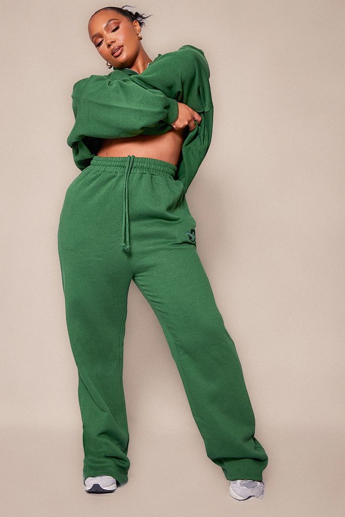 Plus Forest Green Logo Embroidered Wide Leg Joggers, Forest Green