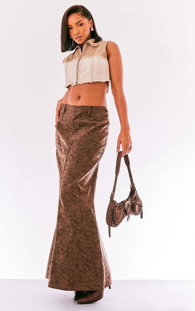 Premium Brown Washed Faux Leather Low Rise Maxi Skirt, Brown