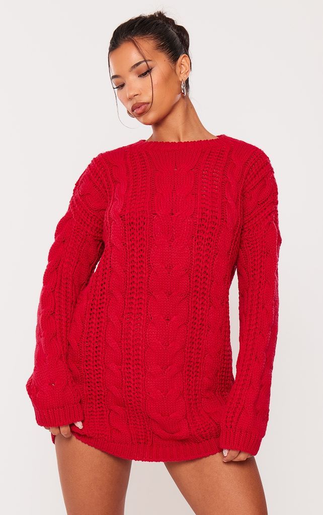 Red Chunky Cable Knit Oversized Jumper Dress, Red