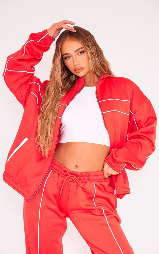 Red Tricot Oversized Contrast Piping Zip Through Track Jacket, Red