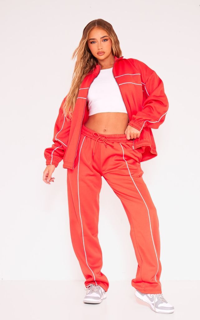 Red Tricot Oversized Contrast Piping Straight Leg Jogger, Red