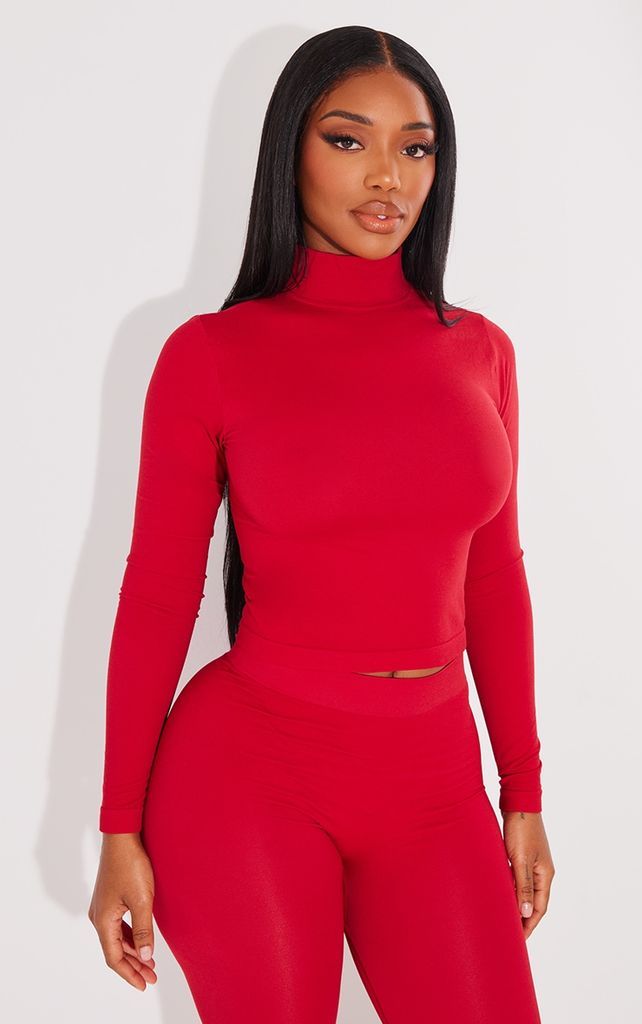 Shape Cherry Red Sculpted High Neck Long Sleeve Top, Cherry Red