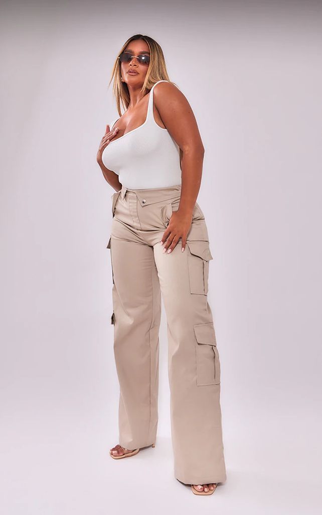 Shape Taupe Cargo Fold Waistband Pocket Detail Trousers, Brown