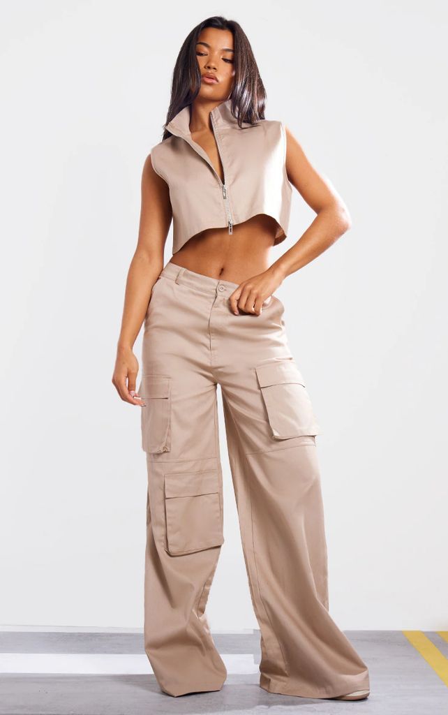 Stone Washed Twill Pocket Detail Wide Leg Cargo Trousers, White