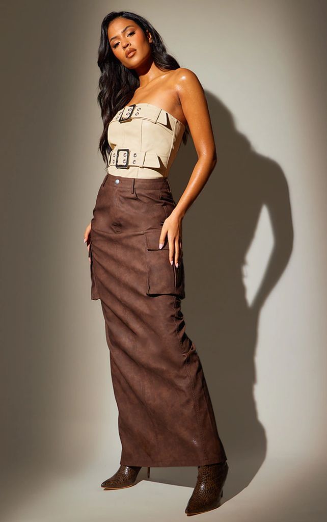 Tall Washed Brown Faux Leather Pocket Detail Maxi Skirt, Washed Brown