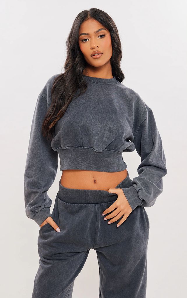 Tall Washed Charcoal Cropped Oversized Sweatshirt, Washed Charcoal