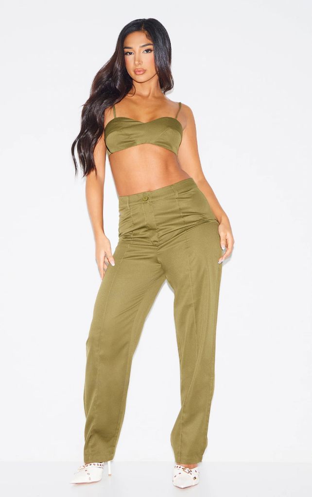 Petite Olive Tailored Straight Leg Trousers, Green
