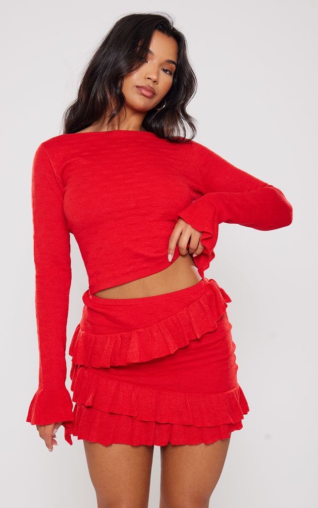 Red Bubble Knit Open Back Long Sleeve Top, Red