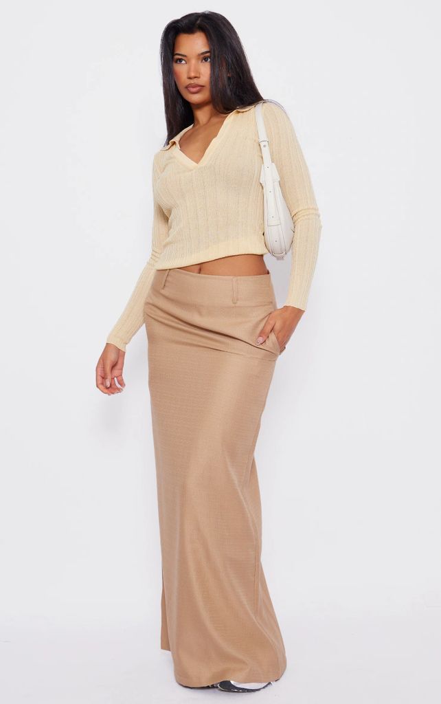 Beige Structured Linen Look Belt Loop Detail Maxi Skirt, Camel