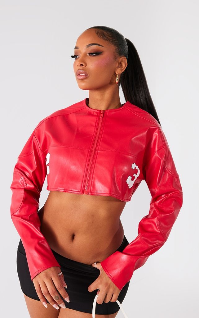 Shape Bright Red Printed Faux Leather Cropped Jacket, Bright Red