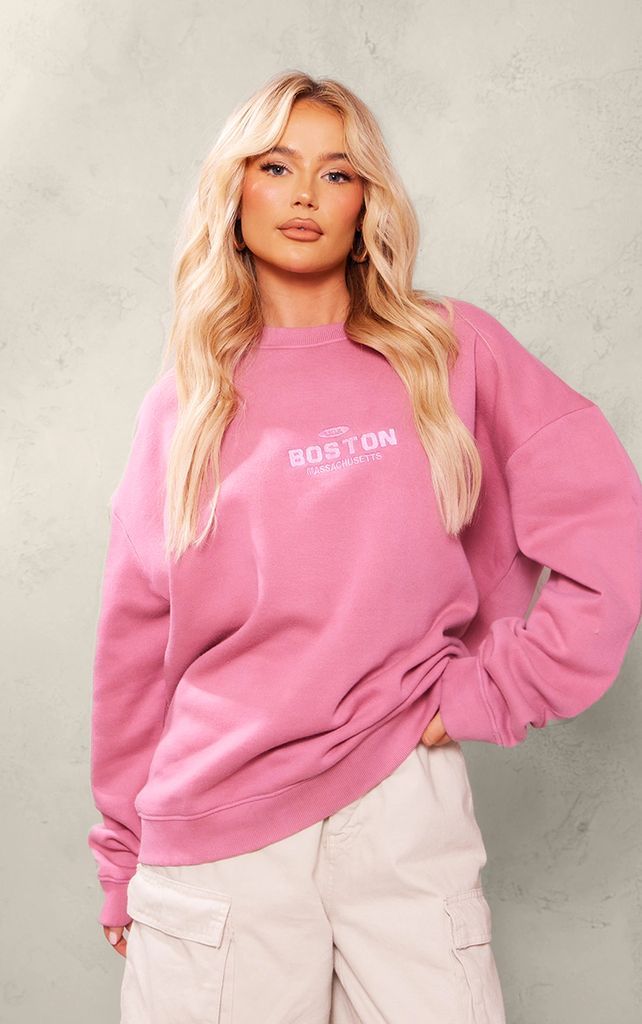 Pink Boston Embroidered Washed Sweatshirt, Pink