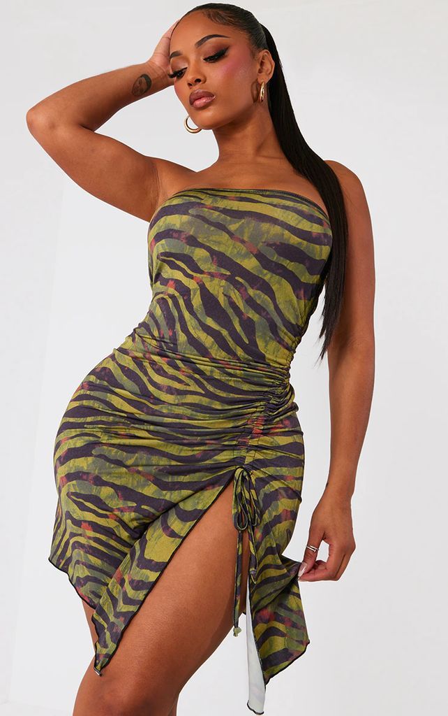 Shape Khaki Zebra Print Slinky Bandeau Ruched Side Frill Bodycon Dress, Green