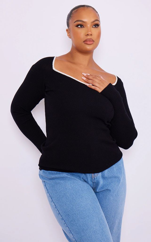Plus Black Knitted Ribbed Contrast Long Top, Black