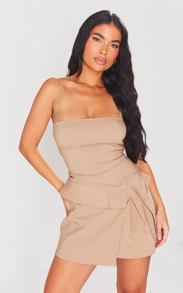 Taupe Stretch Woven Pleated Strappy Shift Dress, Brown