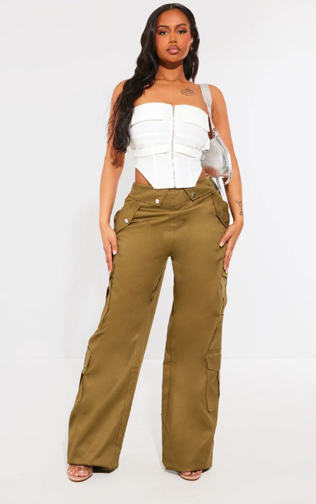 Shape Olive Cargo Fold Waistband Pocket Detail Trousers, Green