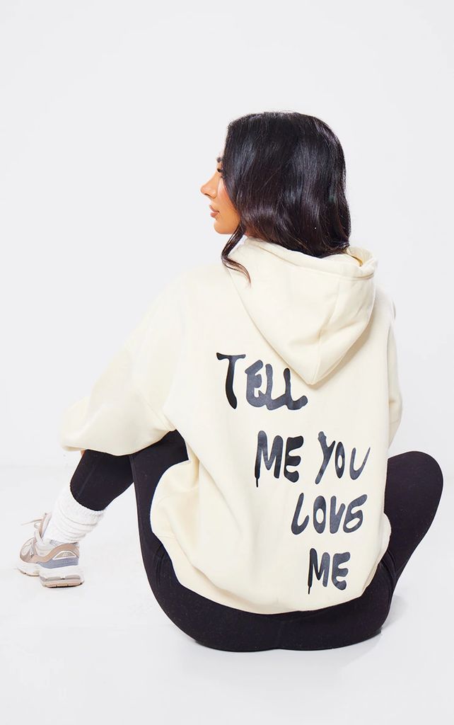 Petite Cream Tell Me You Love Me Slogan Hoodie, White