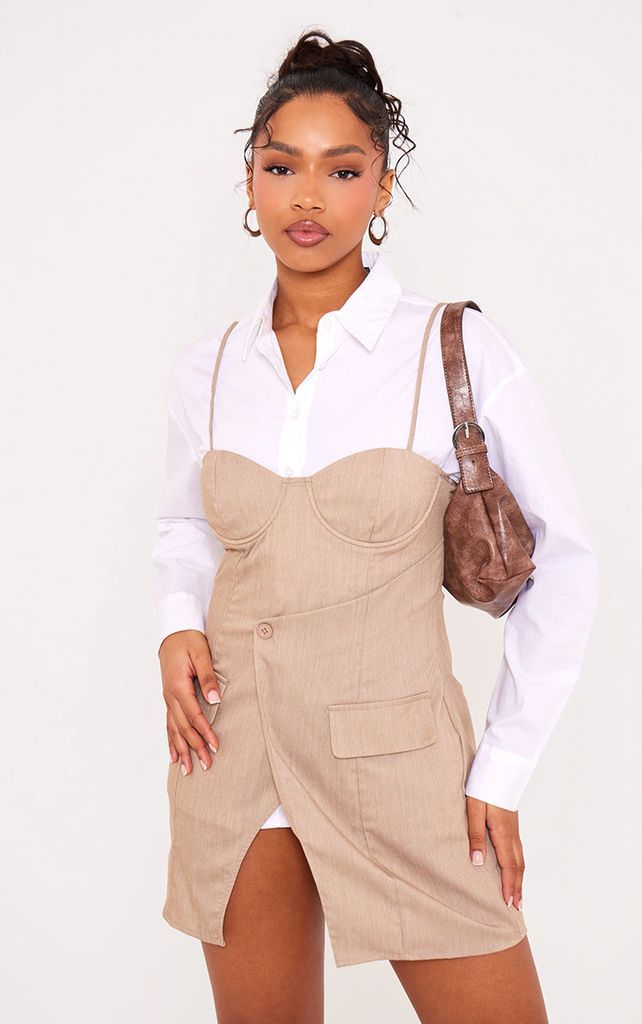 Mocha Woven Tailored Pocket Detail Wrap Front Mini Dress, Brown