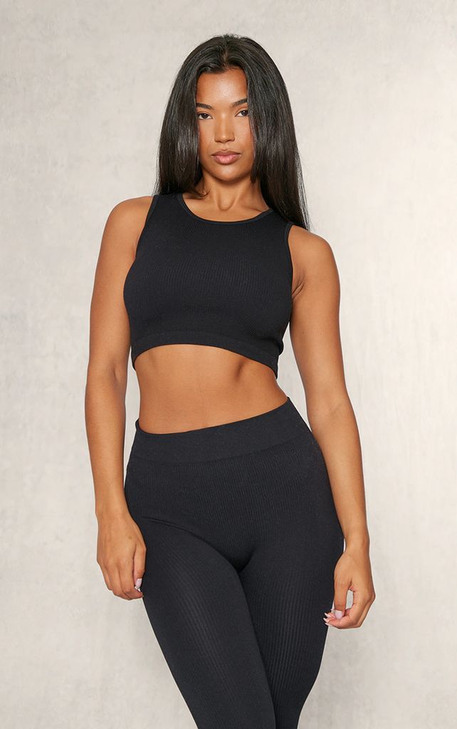 Black Structured Contour Sleeveless Ribbed Crop Top, Black