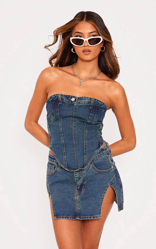 Indigo Vintage Wash Jean Waistband Detail Denim Corset Top, Indigo Vintage Wash