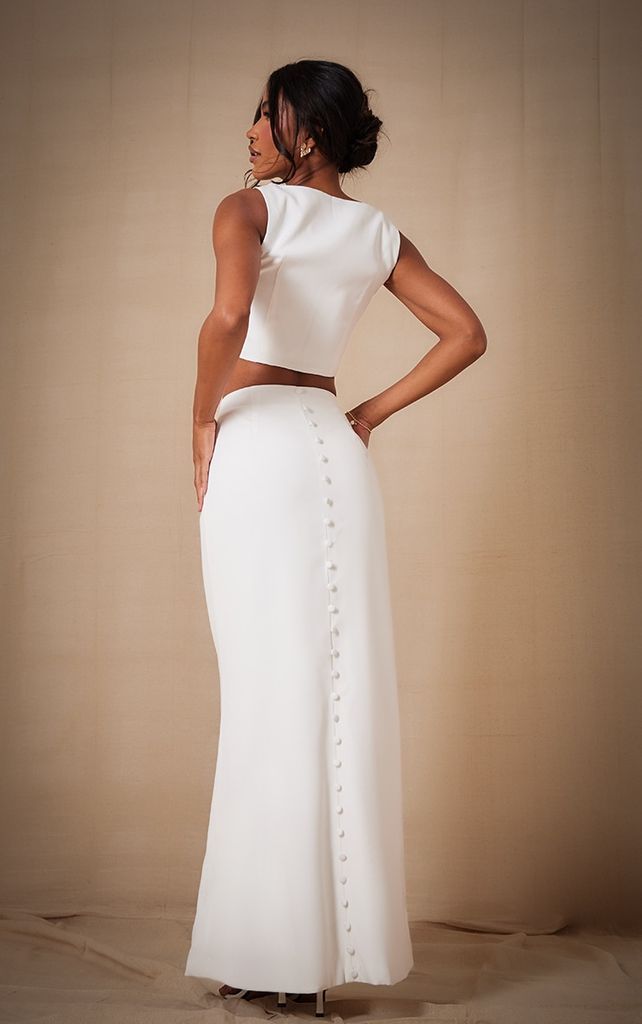 Premium White Woven Button Detail Maxi Skirt, White