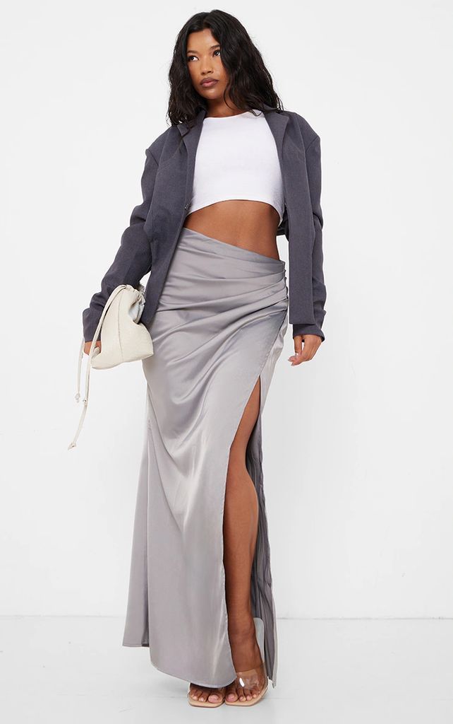 Pale Grey Structured Satin V Front Ruched Split Front Maxi Skirt, Moss Grey