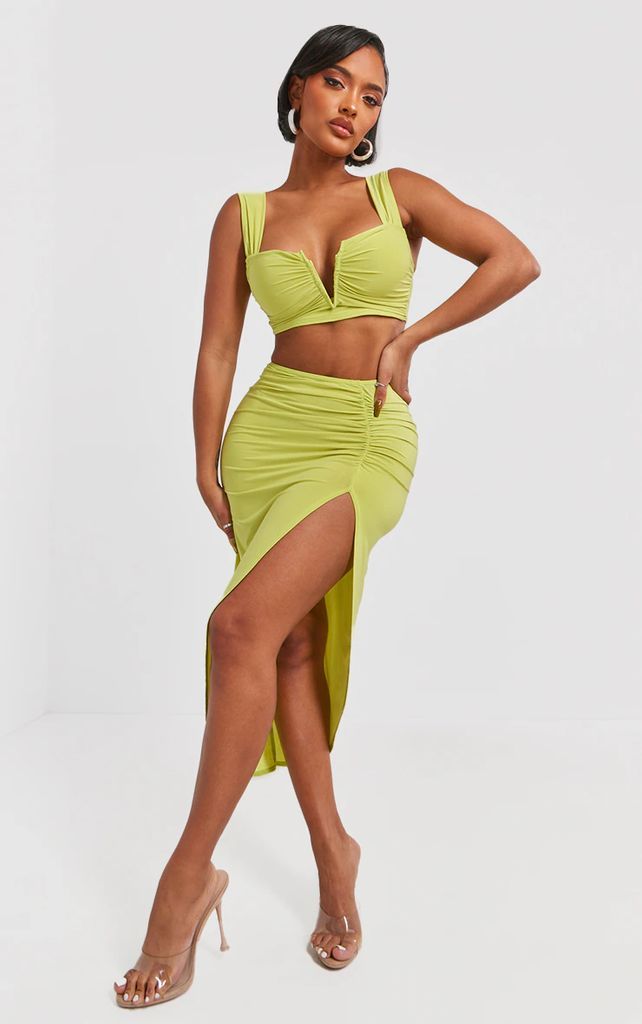 Shape Lime Slinky Asymmetric Midi Skirt, Green