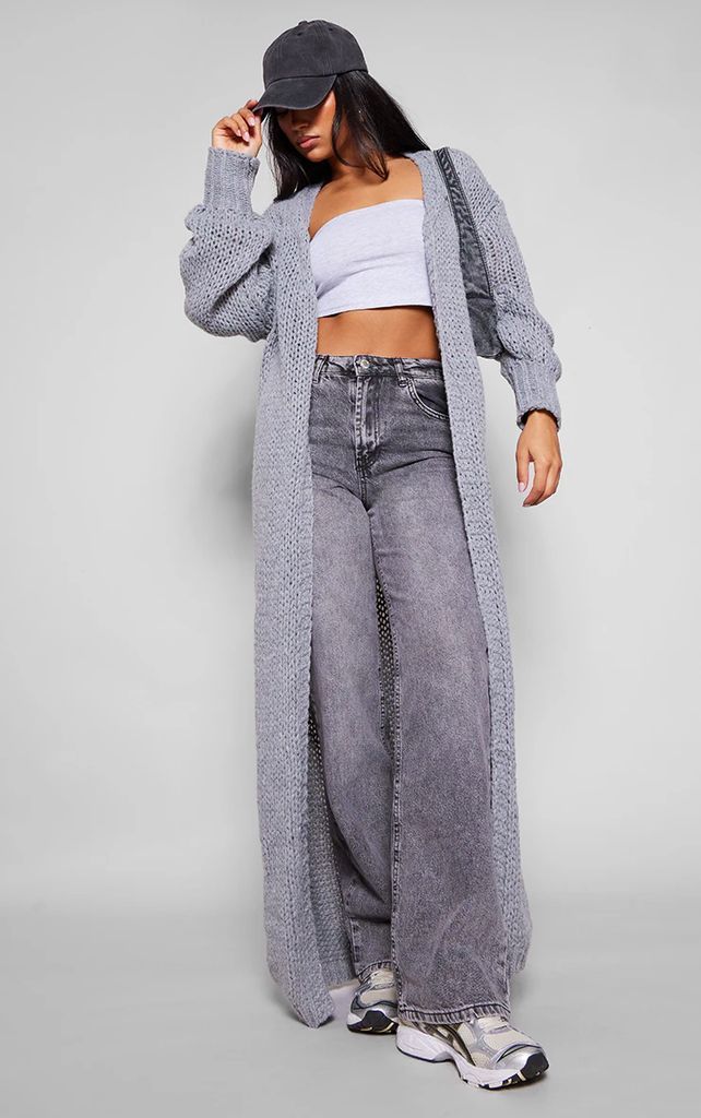 Grey Extreme Chunky Knitted Slouchy Maxi Cardigan, Grey