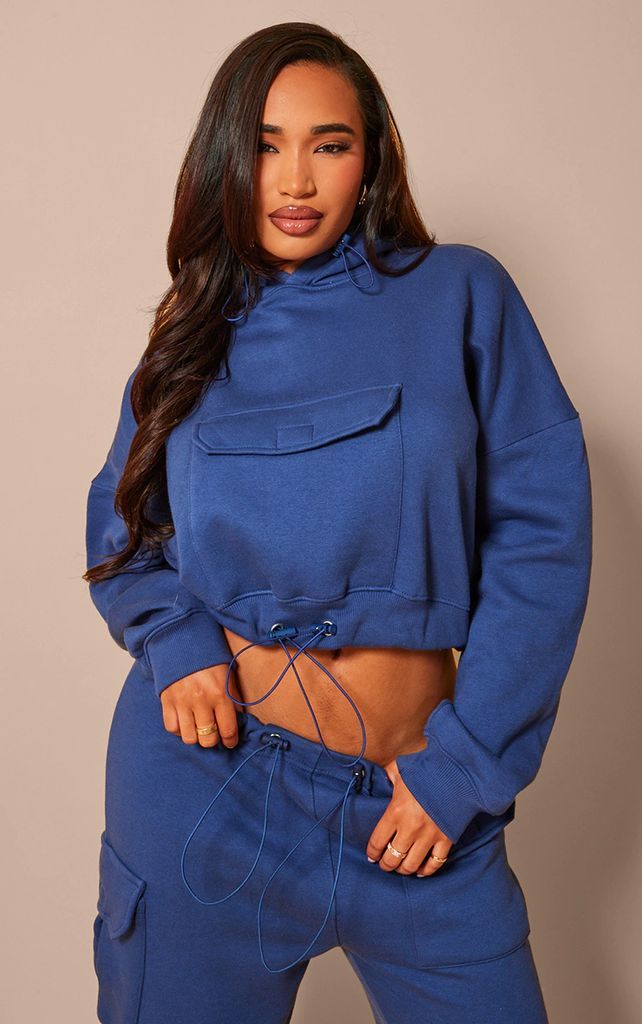 Shape Navy Toggle Waist Pocket Front Cropped Hoodie, Blue