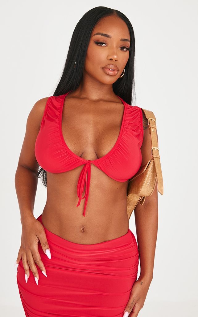 Shape Red Slinky Tie Front Sleeveless Top, Red