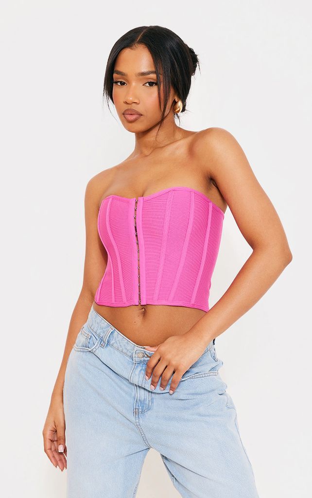 Hot Pink Bandage Hook And Eye Structured Corset, Hot Pink