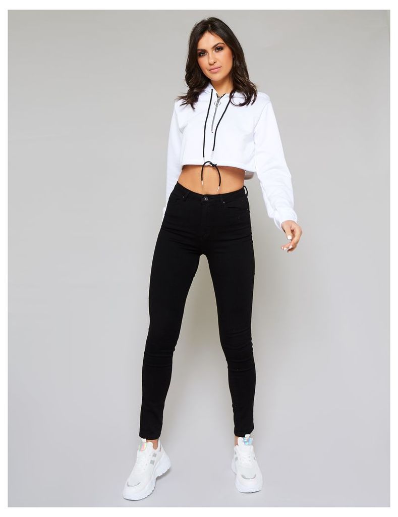 Zip Front Cropped Hoodie, White