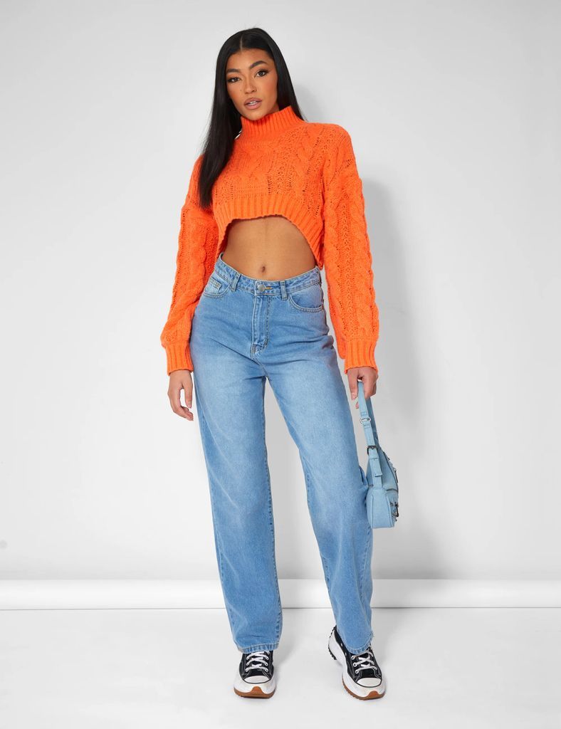 Roll Neck Cropped Cable Knitted Jumper Orange