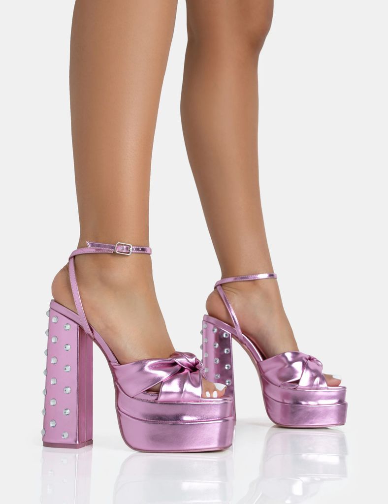 Magnum Pink Metallic PU Knot Strap Platform Diamante Block Heels