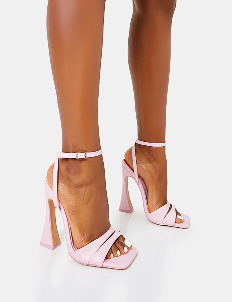 Saintly Wide Fit Baby Pink Pu Wrap Around the Ankle Barley There Square Toe Flared Block High Heels