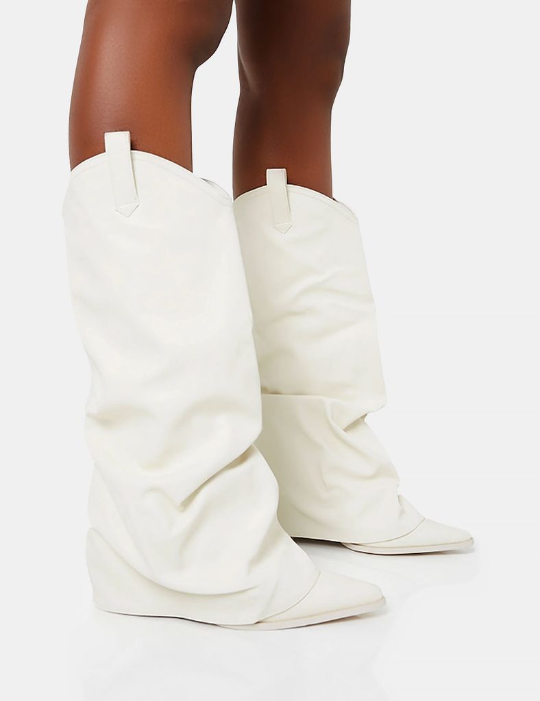 Sheriff White Pu Western Inspired Fold Over Pointed Toe Block Heeled Cowboy Knee High Boots