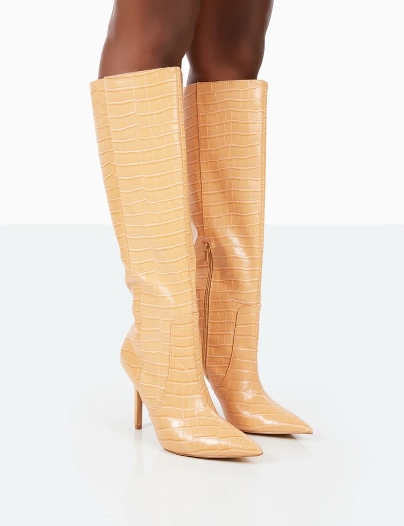 Best Believe Caramel Croc Pointed Toe Stiletto Heeled Knee High Boots